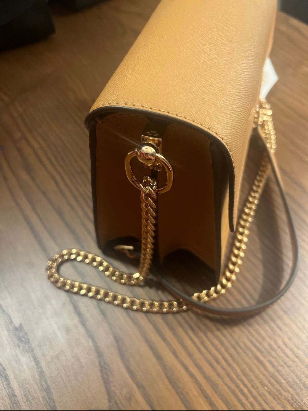 Saffiano Leather Crossbody Bag in Camel with Gold Chain